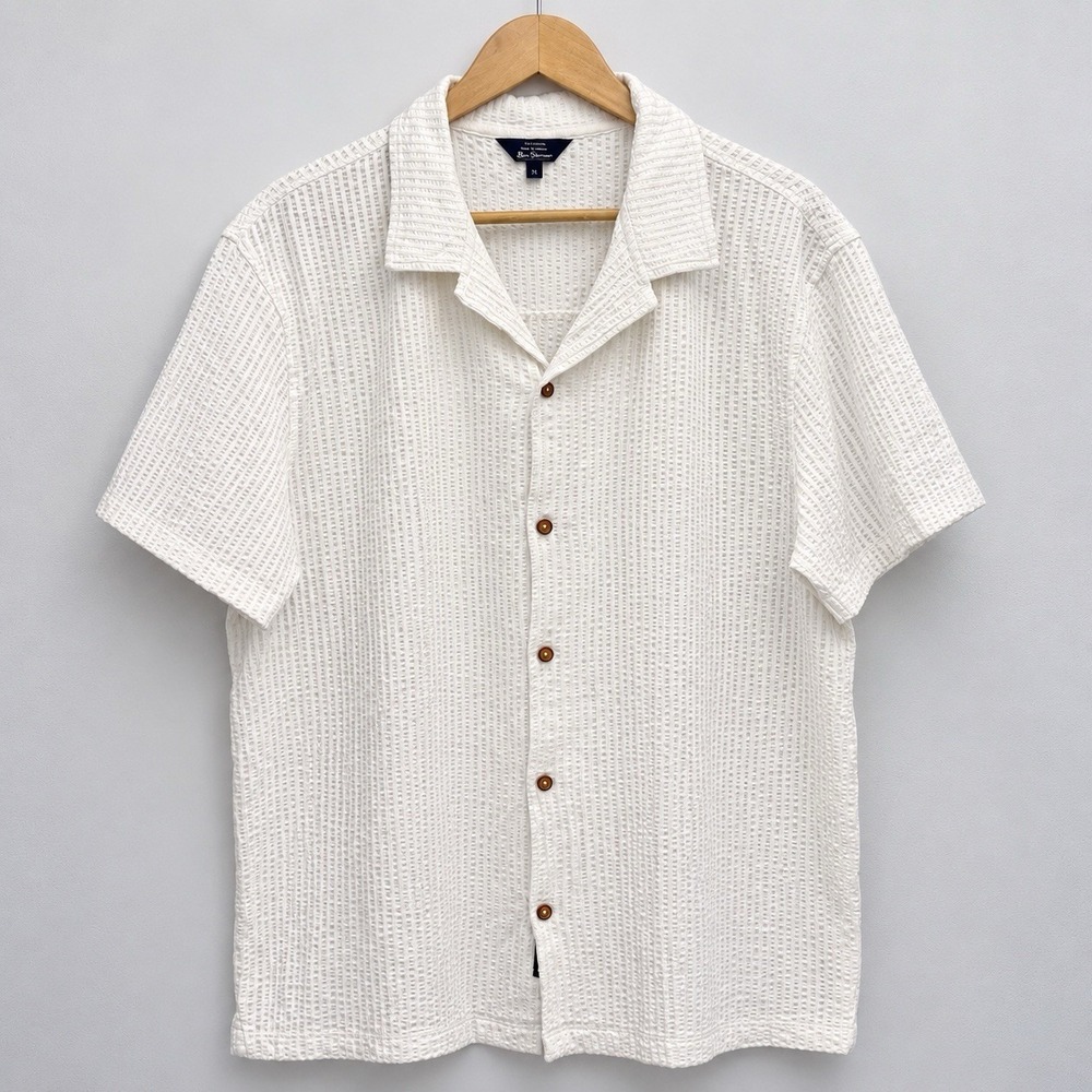 Ben Sherman Men's White Textured Short Sleeve Button-Up Shirt XL